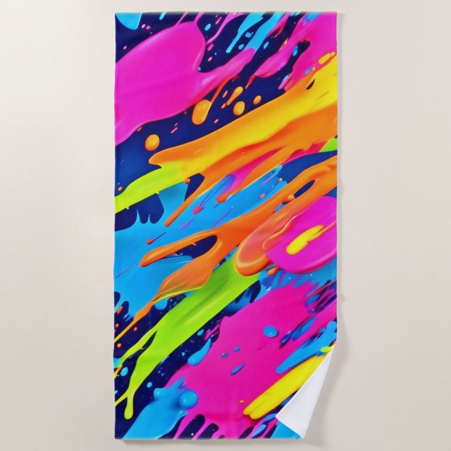 Abstract Neon Brushstrokes Splash Art Beach Towel (Front)