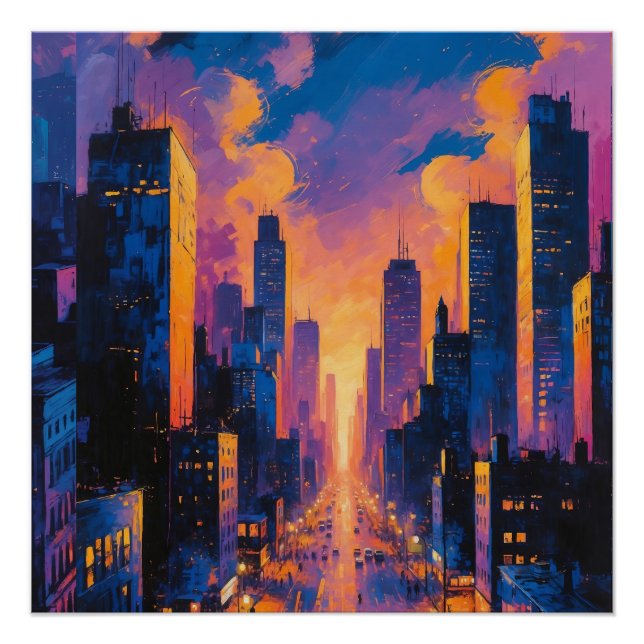 Abstract Neon City Skyline Sunset Glow Digital Art Poster (Front)