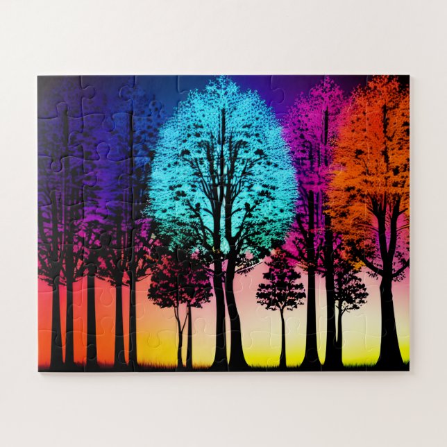 Abstract Neon Coloured Blue Pink Orange Forest Jigsaw Puzzle (Horizontal)