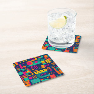 Abstract neon colours and geometric bohemian shape square paper coaster