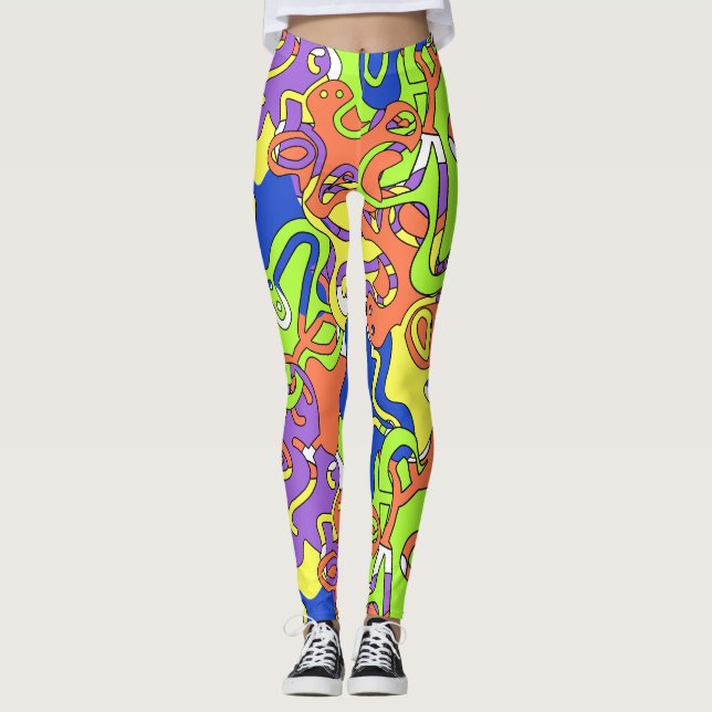 Abstract Neon Doodle Maze Pattern Leggings (Front)