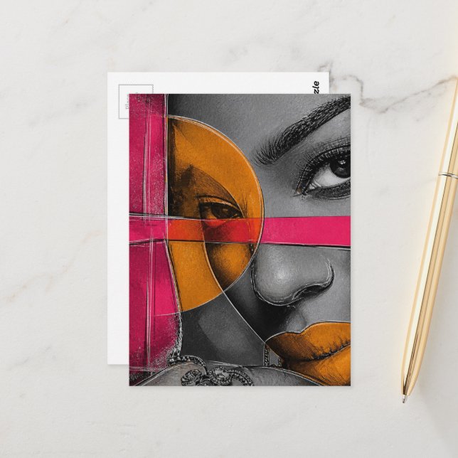Abstract Neon Face Lady Mixed Media Collage  Postcard (Front/Back In Situ)