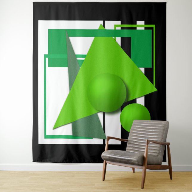 Abstract neon green geometric shapes circle sphere tapestry (In Situ)