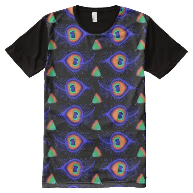 Abstract Neon Like Peacock Feather Pattern All-Over Print T-Shirt (Front)