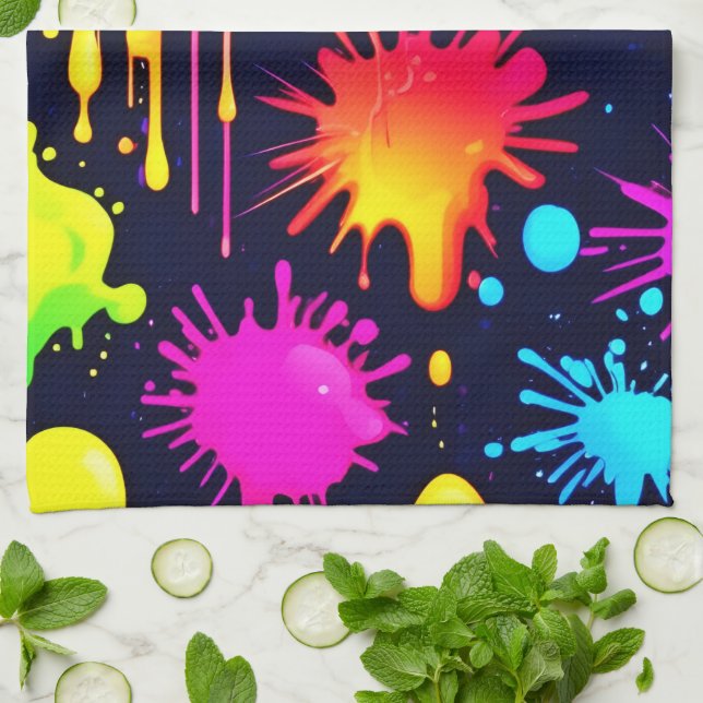 Abstract Neon Paint Drip Artwork Tea Towel (Folded)
