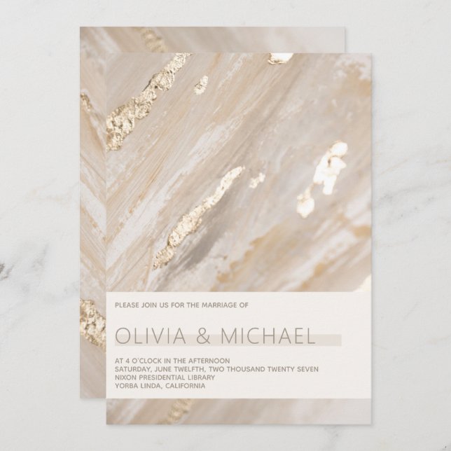 Abstract Neutral Painterly Champagne Gold Modern Invitation (Front/Back)