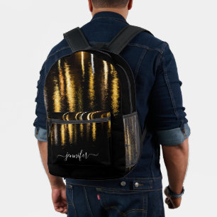 Abstract night lights sea gold black Custom name Printed Backpack