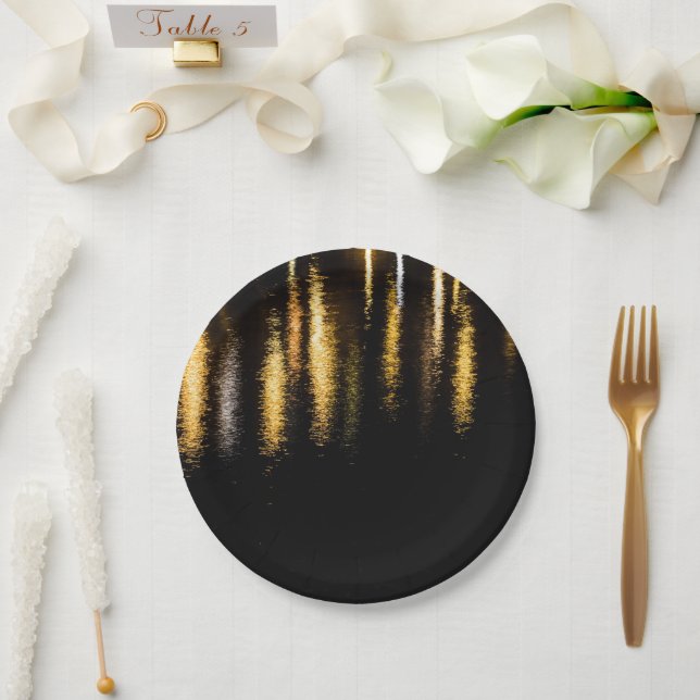 Abstract night lights sea shiny gold black paper plate (Wedding)