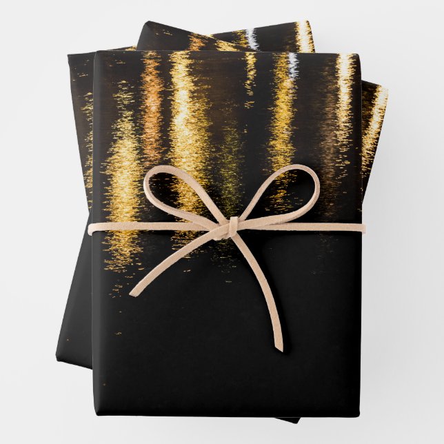 Abstract night lights sea shiny gold black wrapping paper sheet (In situ)