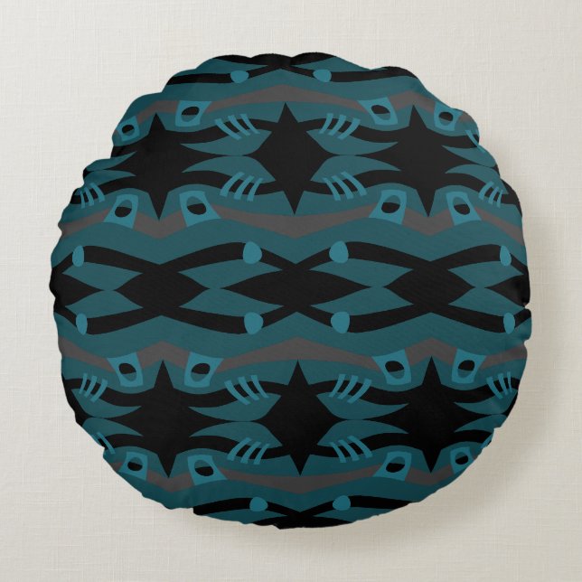Abstract Noah's Ark Black Teal Grey Round Cushion (Front)