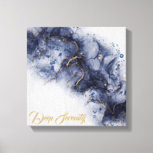 Abstract Ocean Blue Fluid Ink and Gold Foil Wall A Canvas Print