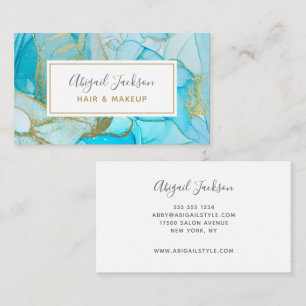 Abstract Ocean Blue Gold Watercolor Hair & Makeup Business Card