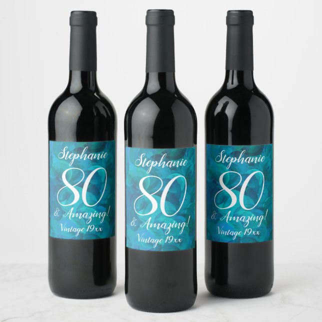 Abstract Ocean Blue Teal 80 and Amazing Birthday Wine Label (Bottles)