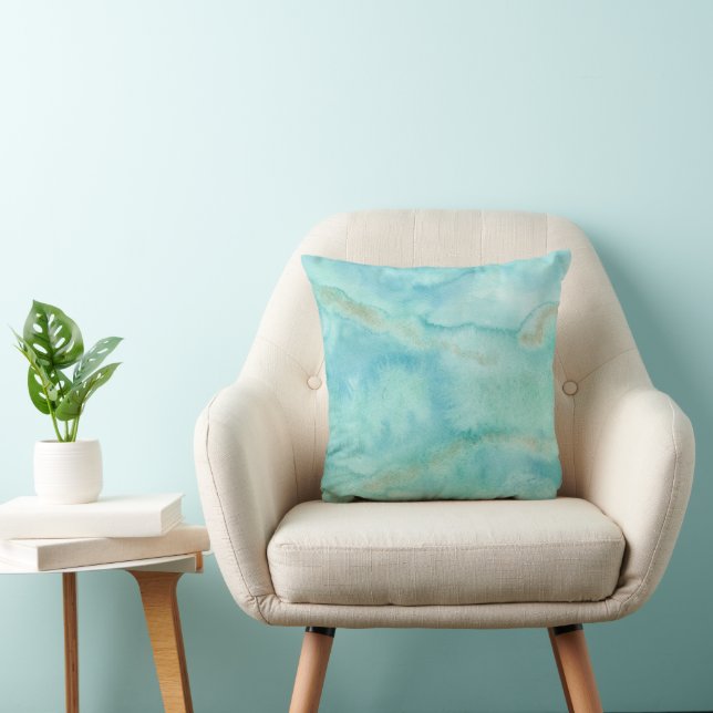 Abstract Ocean Watercolor Blue and Gold Cushion (Chair)