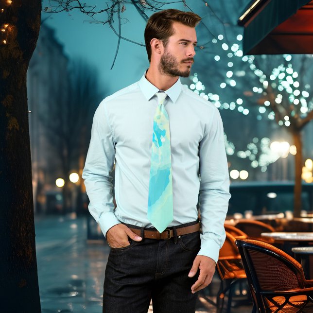 Abstract Ocean Wave Aqua Watercolor Tie (Eye-catching tie with an abstract turquoise blue watercolor inspired design.)