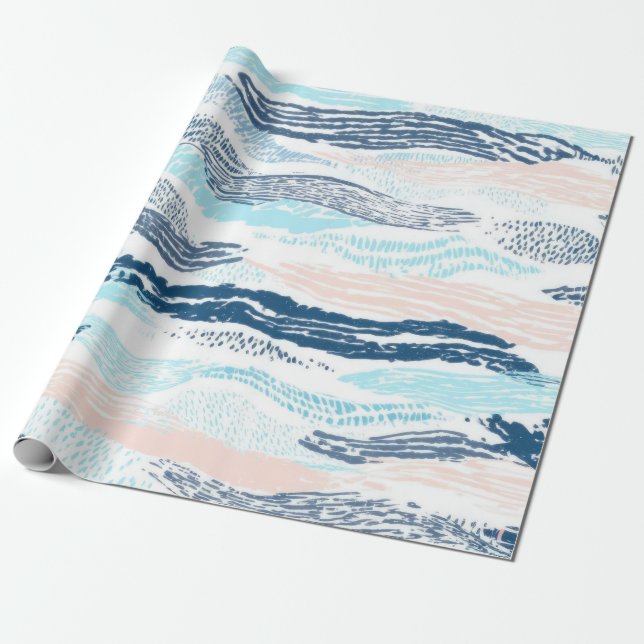 Abstract Ocean Waves Blue Pink Textured Pattern Wrapping Paper (Unrolled)