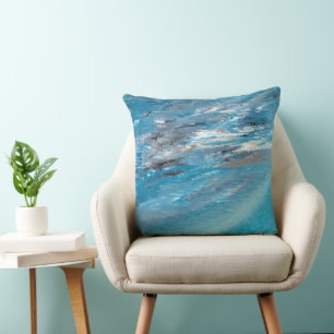 Abstract Ocean Waves in Blue and Grey Brushstrokes Cushion
