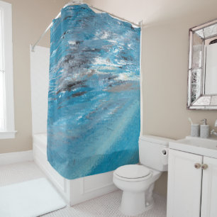 Abstract Ocean Waves in Blue and Grey Brushstrokes Shower Curtain