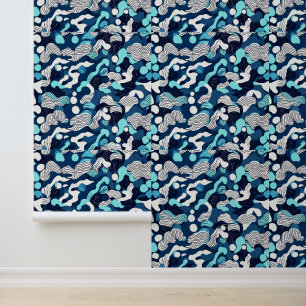 Abstract Ocean Waves Pattern in Blue Tones Wallpaper