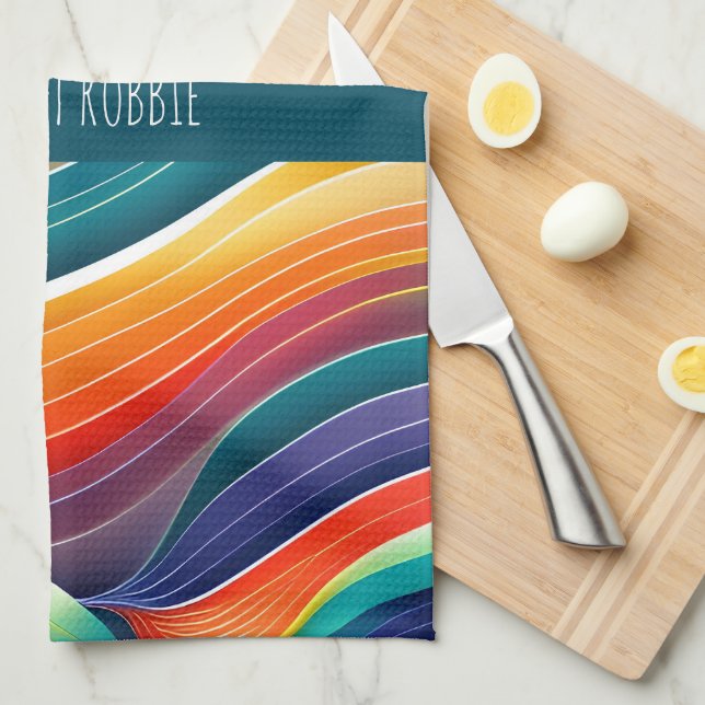 Abstract Ocean Waves Rainbow Pattern Tea Towel (Quarter Fold)