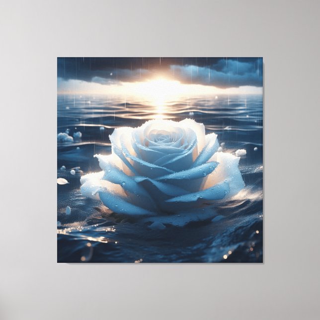 Abstract of ocean blue and white rose canvas art (Front)