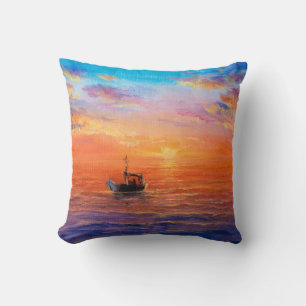 abstract oil painting of fishing boat and sea on cushion