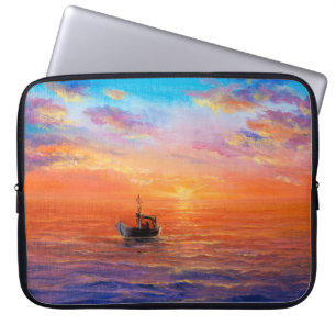 abstract oil painting of fishing boat and sea on laptop sleeve