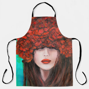Abstract oil painting showing woman face and red r apron