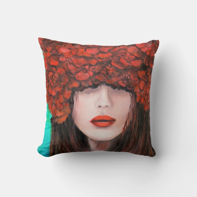 Abstract oil painting showing woman face and red r cushion (Front)