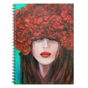 Abstract oil painting showing woman face and red r notebook