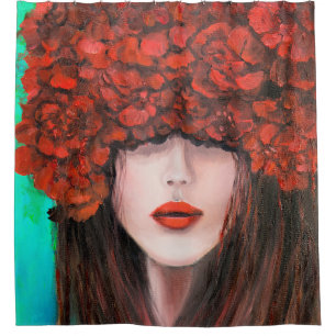 Abstract oil painting showing woman face and red r shower curtain