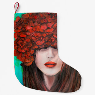Abstract oil painting showing woman face and red r small christmas stocking