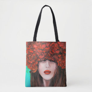 Abstract oil painting showing woman face and red r tote bag