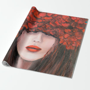 Abstract oil painting showing woman face and red r wrapping paper