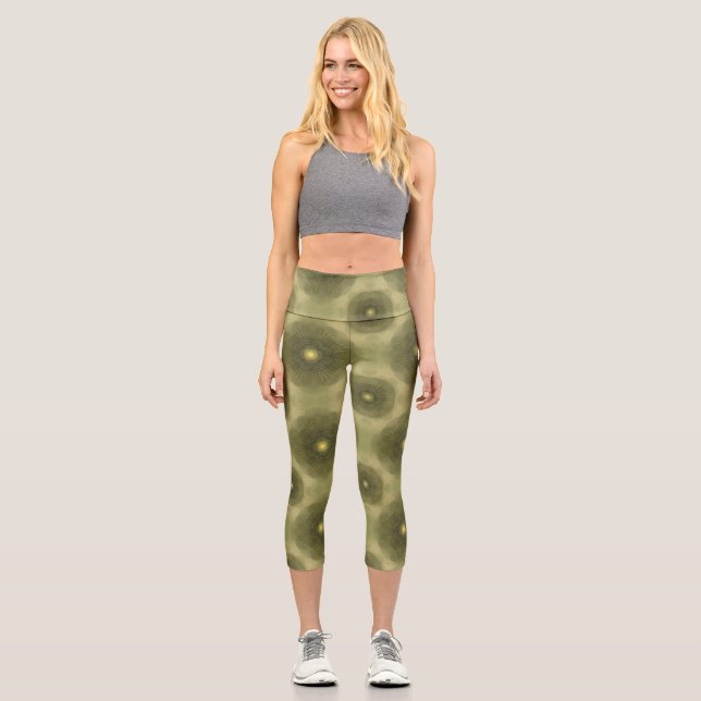 Abstract Olive Green Flower Seamless Pattern Capri Leggings (Front)
