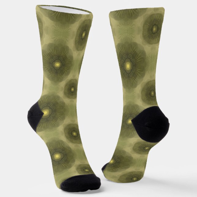 Abstract Olive Green Flower Seamless Pattern Socks (Angled)