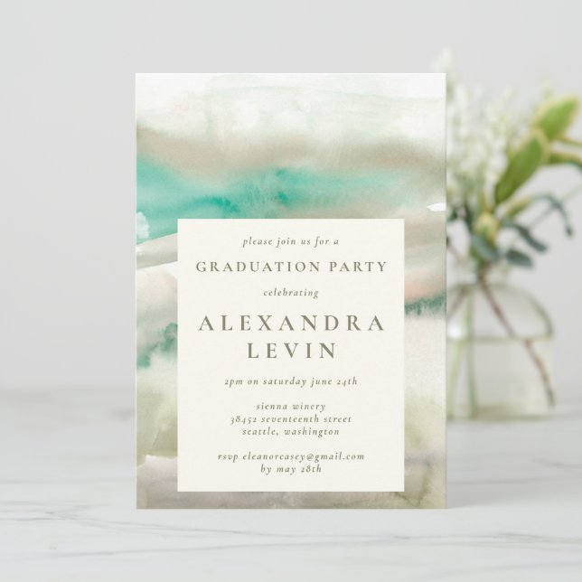 Abstract Olive Green Watercolor Graduation Party Invitation (Standing Front)