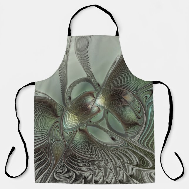 Abstract Olive Sage Green Grey Fractal Art Fantasy Apron (Front)