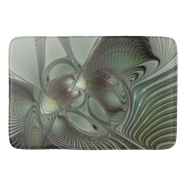 Abstract Olive Sage Green Grey Fractal Art Fantasy Bath Mat (Front)