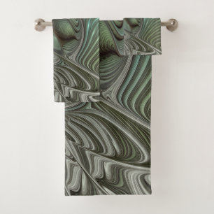 Abstract Olive Sage Green Grey Fractal Art Fantasy Bath Towel Set