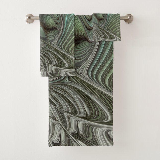 Abstract Olive Sage Green Grey Fractal Art Fantasy Bath Towel Set (Insitu)