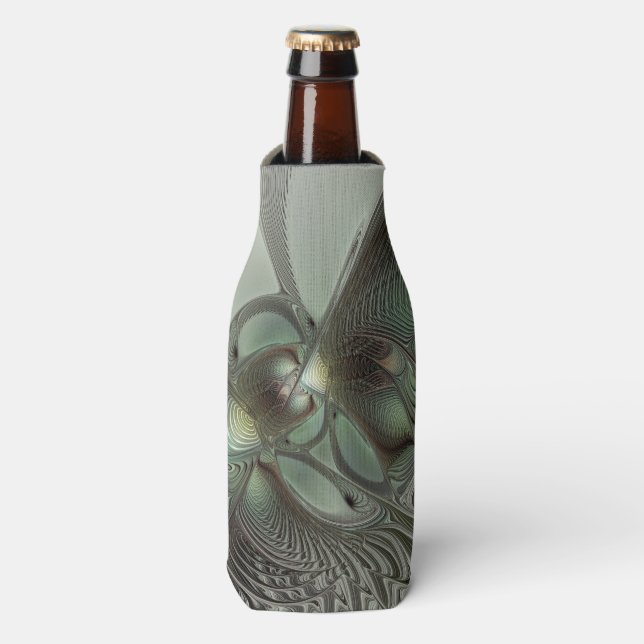 Abstract Olive Sage Green Grey Fractal Art Fantasy Bottle Cooler (Bottle Front)