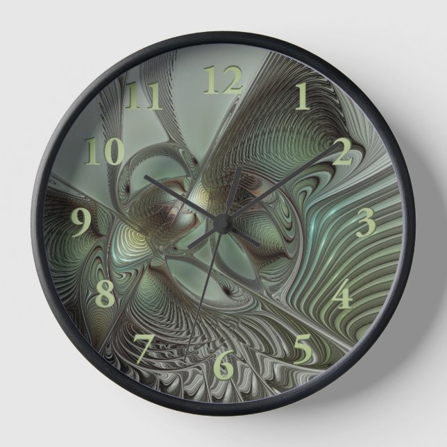 Abstract Olive Sage Green Grey Fractal Art Fantasy Clock (Front)