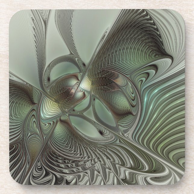 Abstract Olive Sage Green Grey Fractal Art Fantasy Coaster (Front)