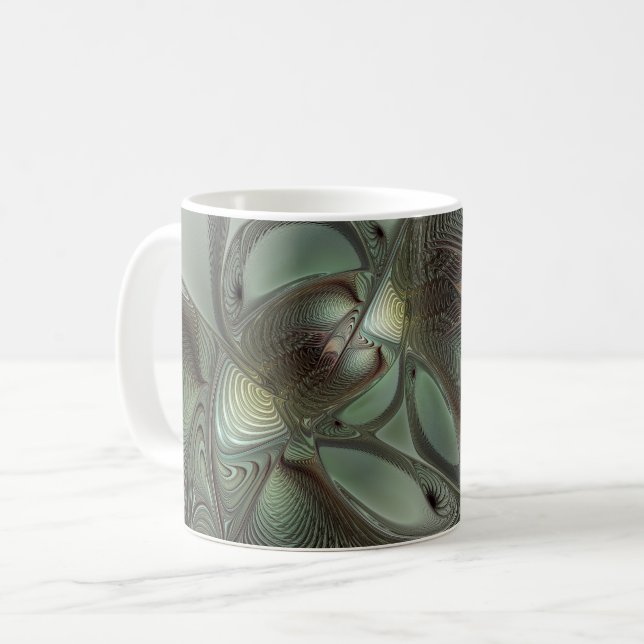 Abstract Olive Sage Green Grey Fractal Art Fantasy Coffee Mug (Front Left)