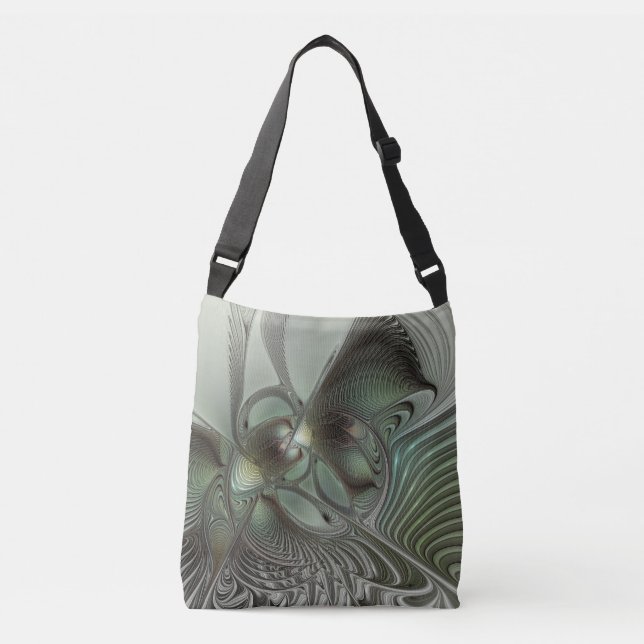Abstract Olive Sage Green Grey Fractal Art Fantasy Crossbody Bag (Front)