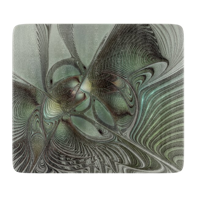 Abstract Olive Sage Green Grey Fractal Art Fantasy Cutting Board (Front)