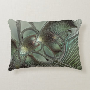 Abstract Olive Sage Green Grey Fractal Art Fantasy Decorative Cushion
