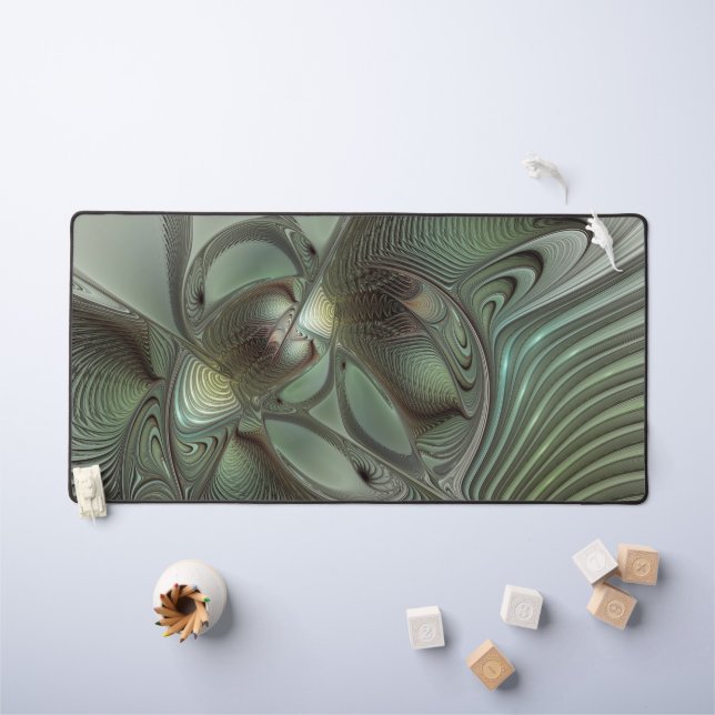 Abstract Olive Sage Green Grey Fractal Art Fantasy Desk Mat (Kids Table)