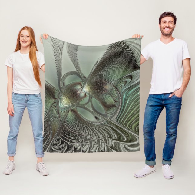 Abstract Olive Sage Green Grey Fractal Art Fantasy Fleece Blanket (In Situ)